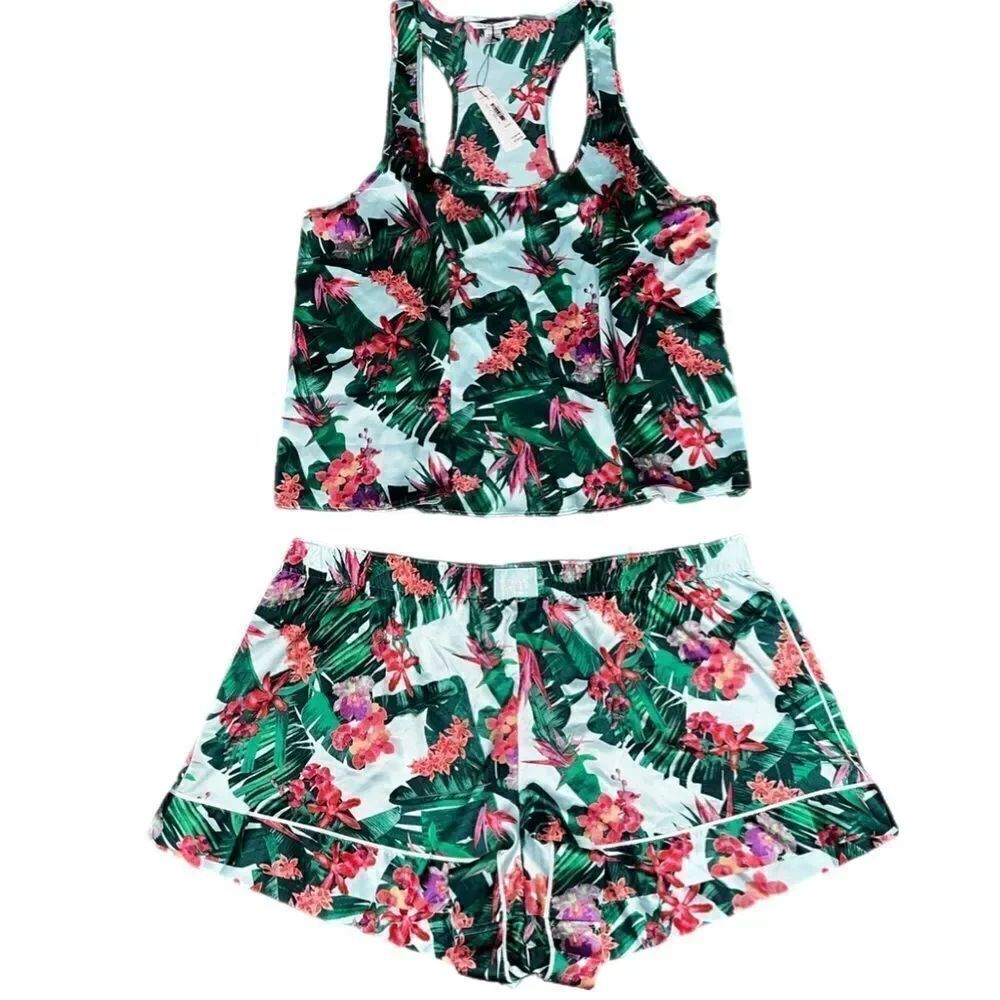 Victorias Secret Ultra Soft Satin Cami Tank & shorts pajama set Blue Palm XXL
